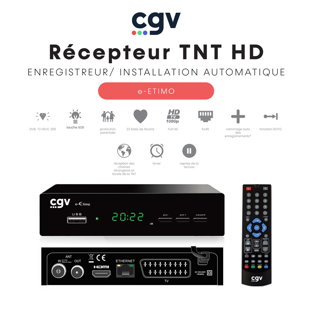 Récepteur Enregistreur TNT Full HD (RJ45) e-ETIMO - Contrôle du direct TimeShift, Timer, Fonction GO TO, renommage des fichiers
